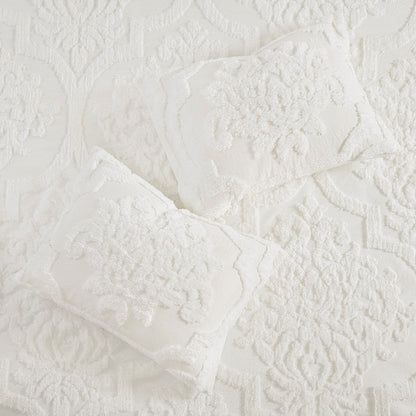 King/Cal King 3 Piece Tufted Cotton Chenille Damask Duvet Cover Set Off-White HouseOfZazla on Tampa Home & Garden Store