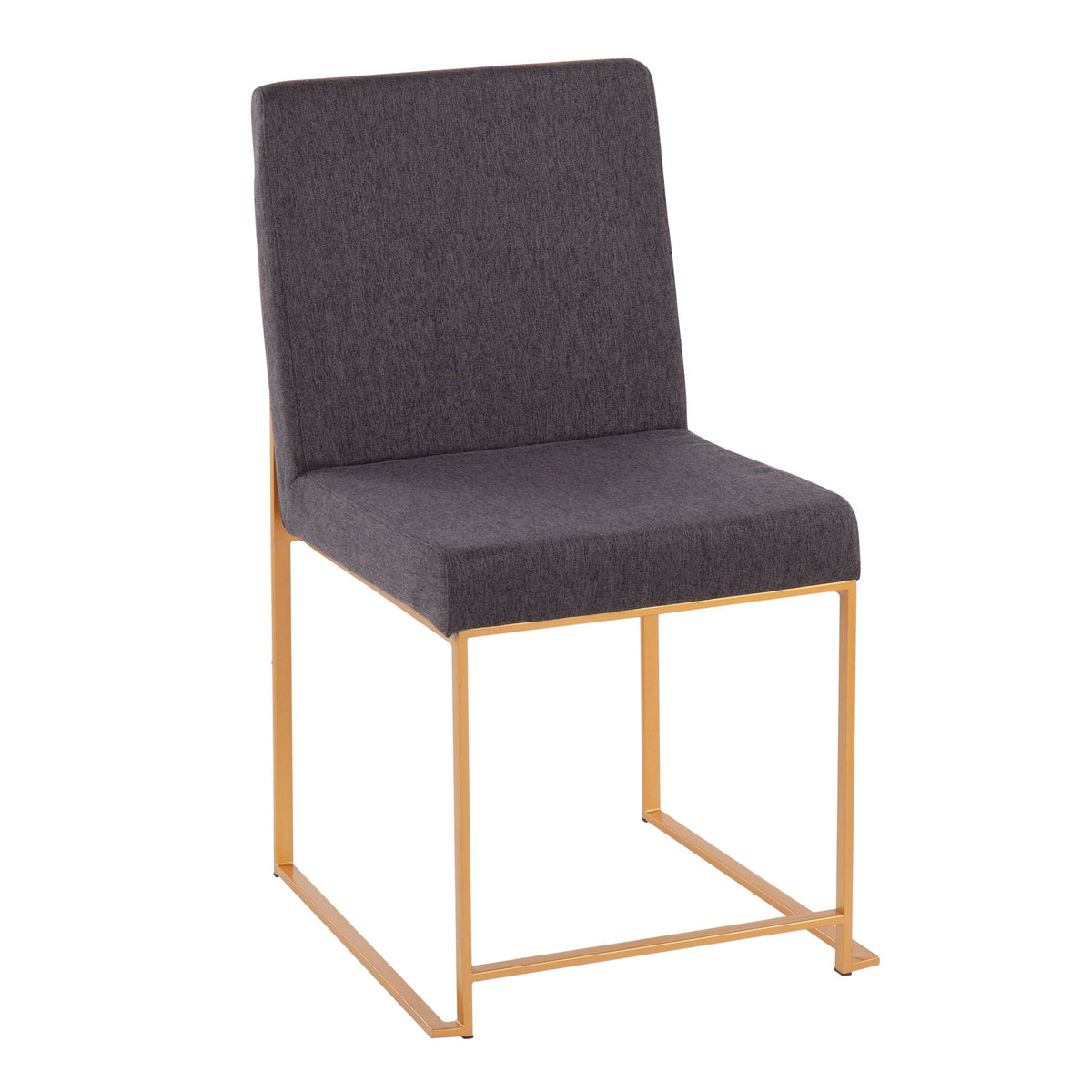 Charcoal gray upholstered high-back dining chair with gold-finished metal legs on Tampa Home & Garden Store