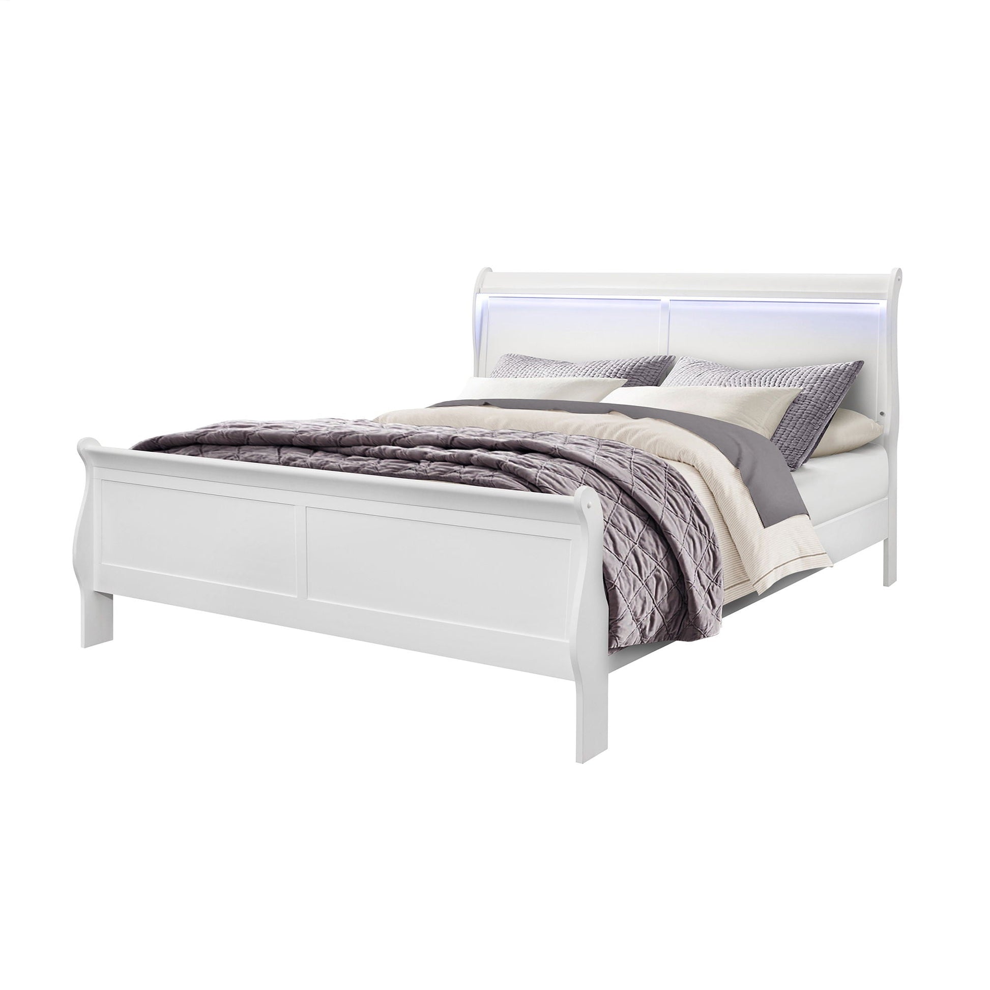 Charlston Bed With LED by HouseOfZazla, white sleigh bed with LED headboard on Tampa Home & Garden Store