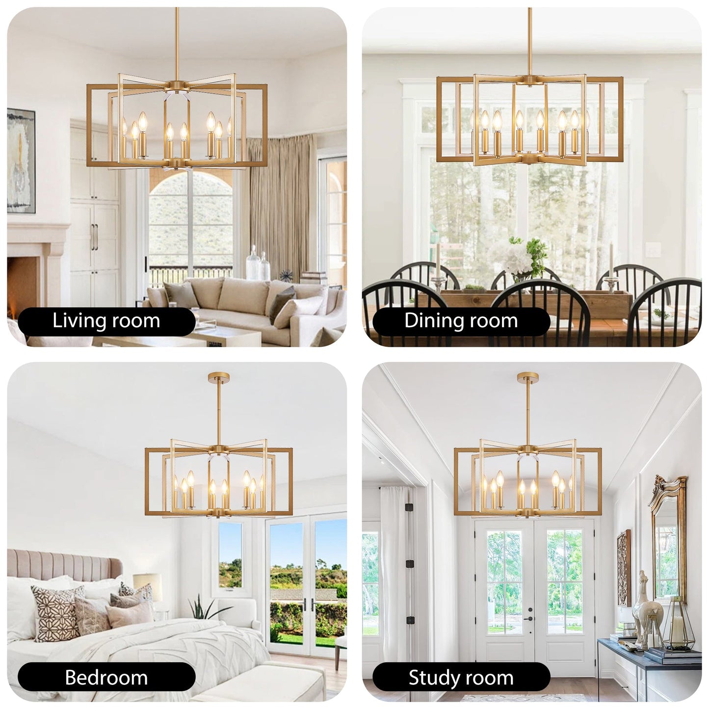 27' Modern Golden Geometric 8-Light Chandelier with frames in living, dining, bedroom, and study on Tampa Home & Garden Store