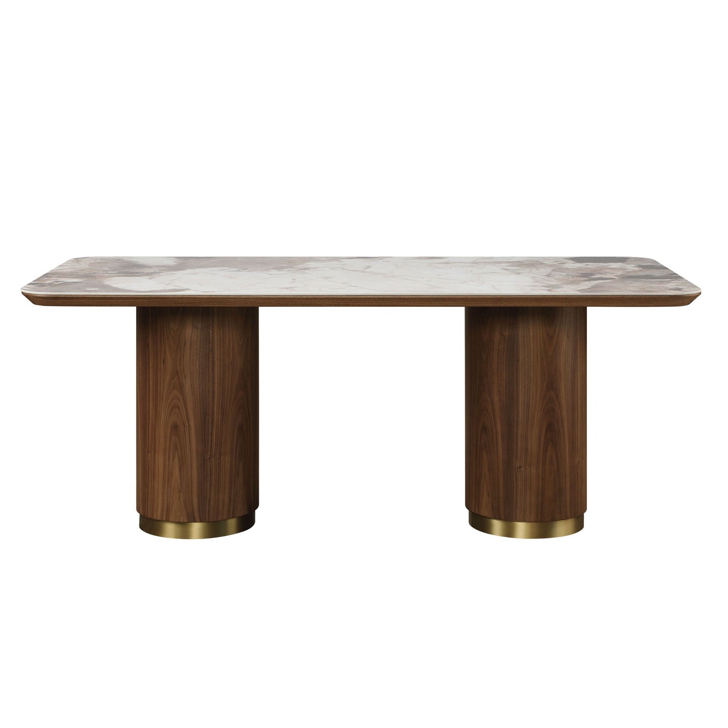 Willene ceramic top dining table with walnut wood base and pedestal legs on Tampa Home & Garden Store