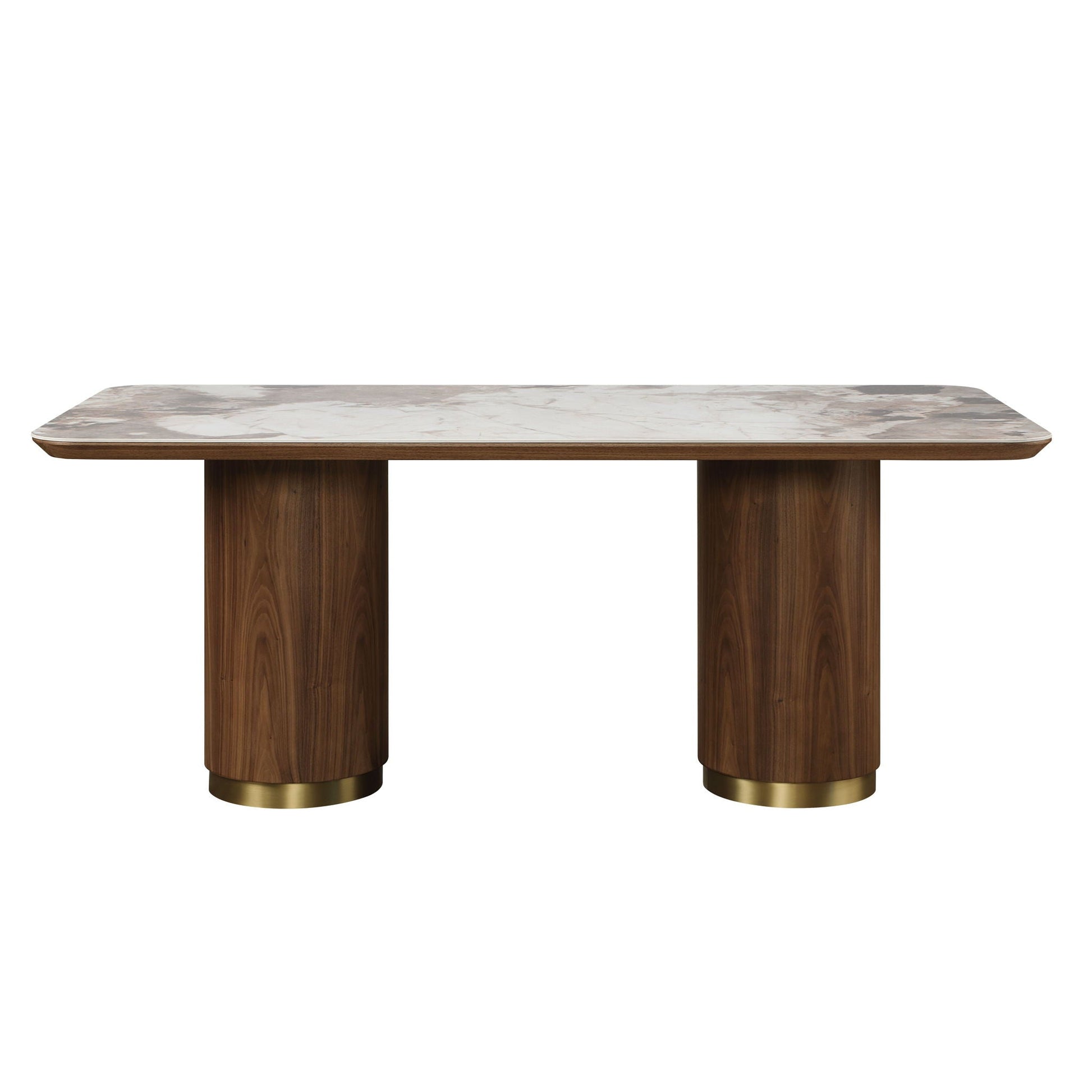 Willene ceramic top dining table with walnut wood base and pedestal legs on Tampa Home & Garden Store