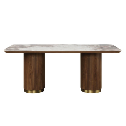 Willene ceramic top dining table with walnut wood base and pedestal legs on Tampa Home & Garden Store