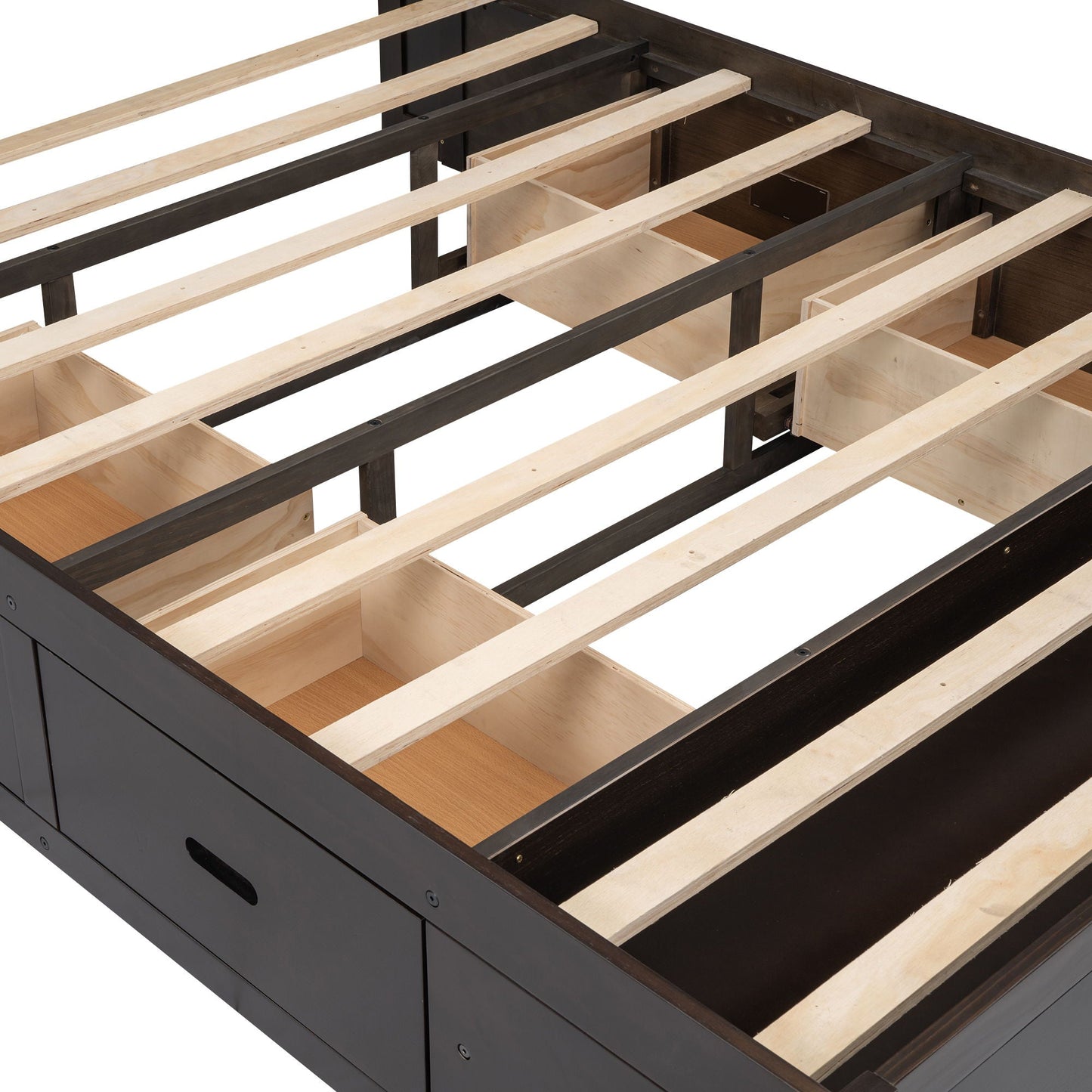 Platform bed frame with drawer storage and natural wood slats in dark finish HouseOfZazla on Tampa Home & Garden Store