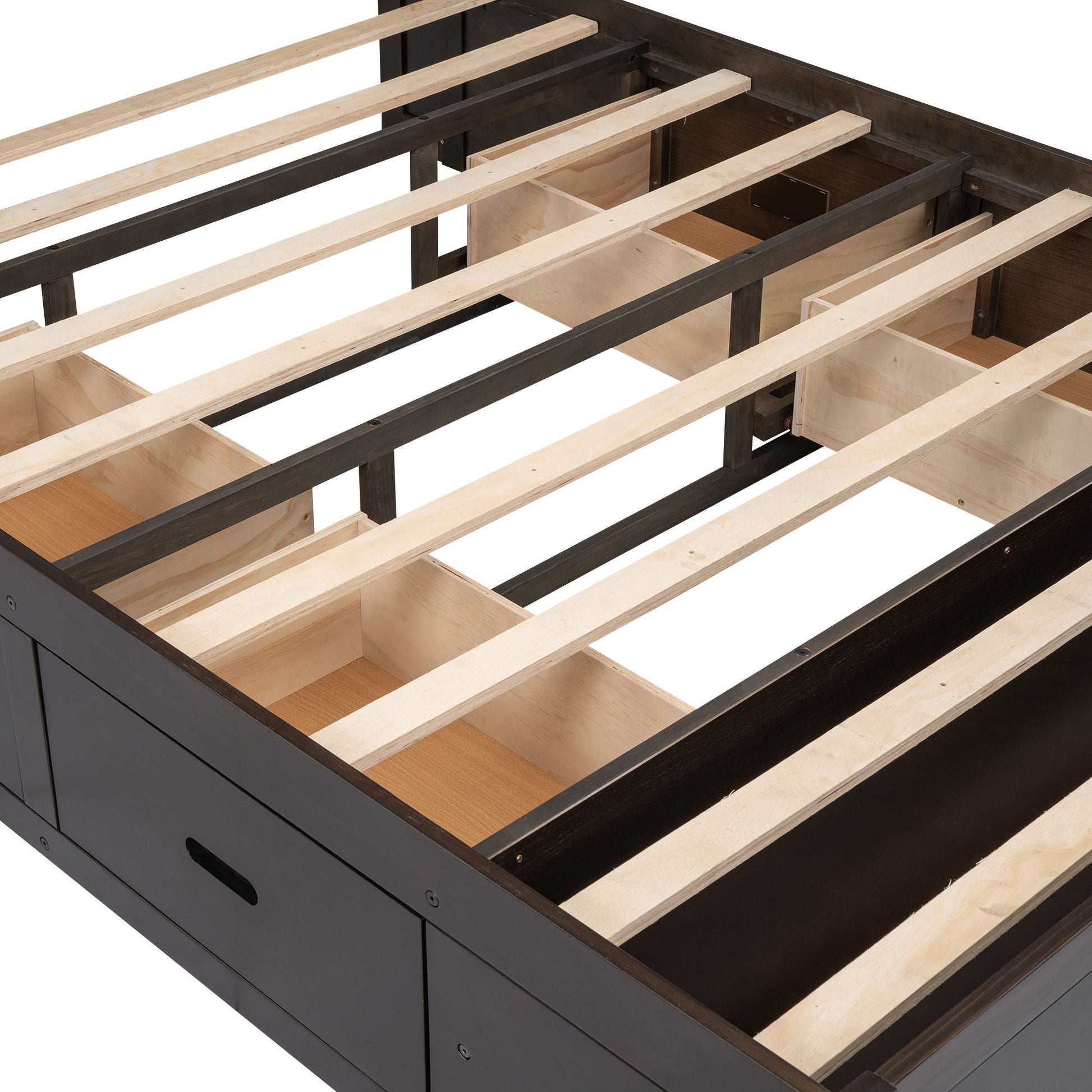 Platform bed frame with drawer storage and natural wood slats in dark finish HouseOfZazla on Tampa Home & Garden Store