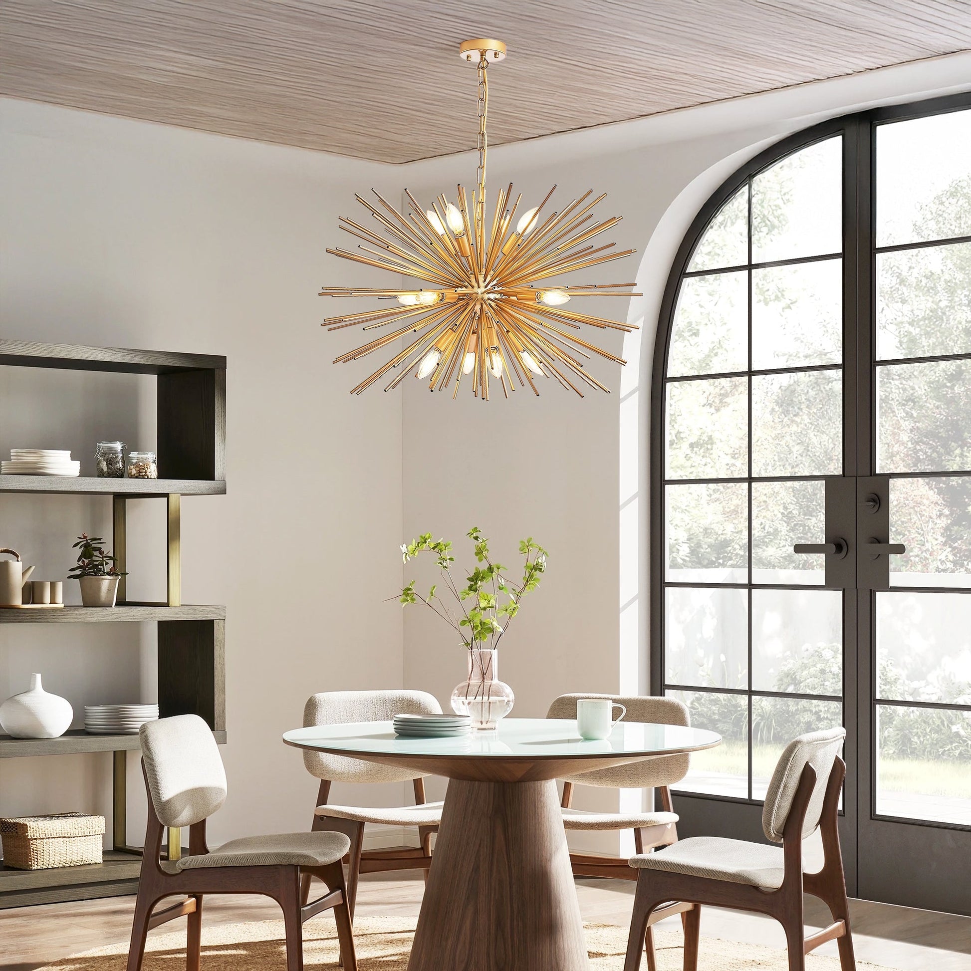 29in mid-century modern starburst chandelier, gold metal with 12 lights hanging from chain on Tampa Home & Garden Store