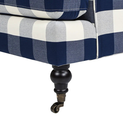 Alana Lawson accent arm chair with casters, navy white checkered fabric, dark wood leg on Tampa Home & Garden Store