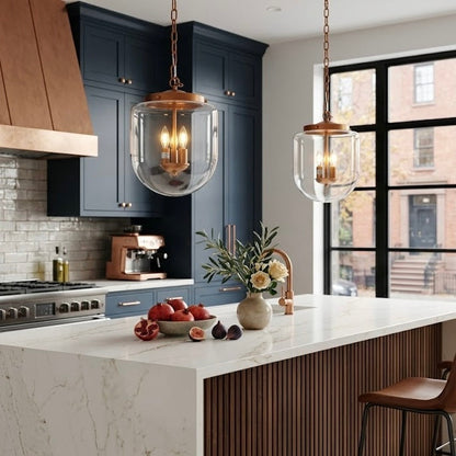 Delphi Pendant Lamp two glass globes with copper hardware on island by HouseOfZazla on Tampa Home & Garden Store