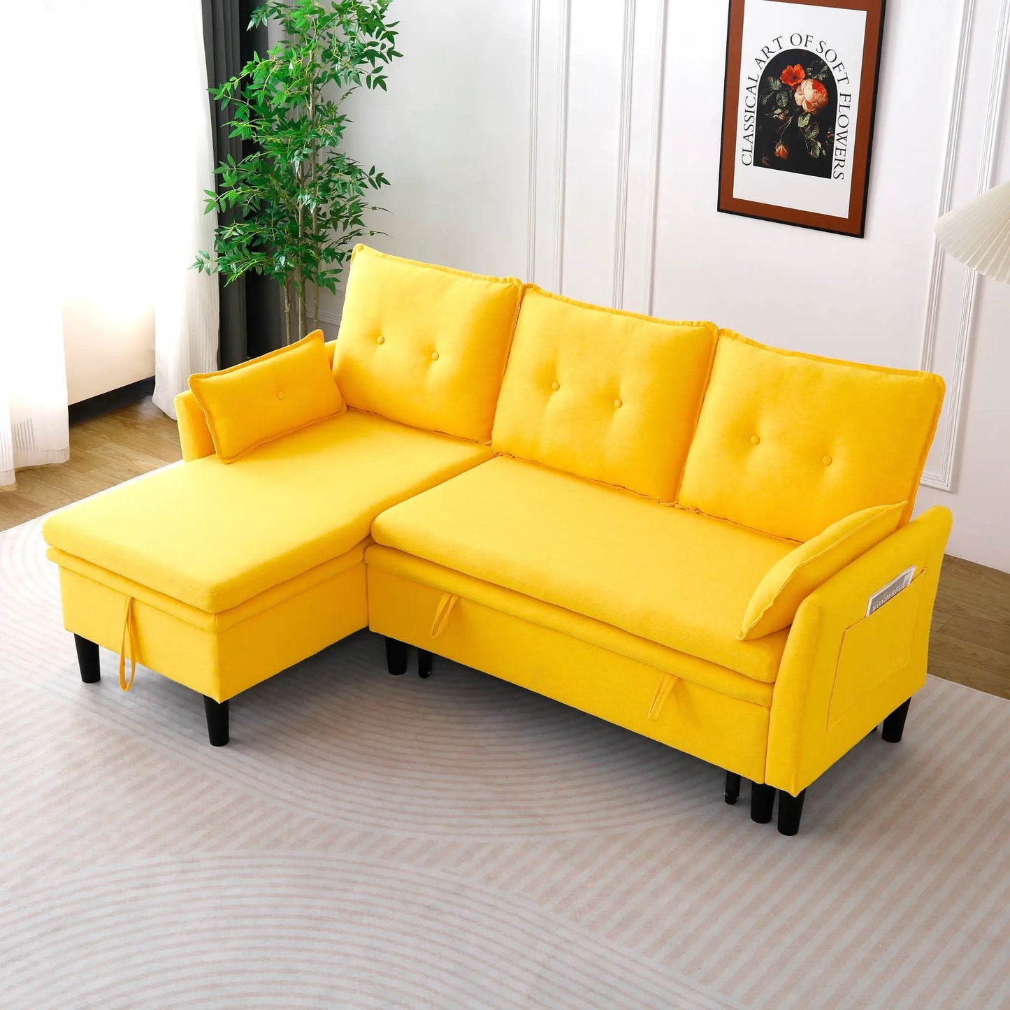 L-shaped reversible chaise sectional sofa with storage in yellow upholstery, black legs on Tampa Home & Garden Store
