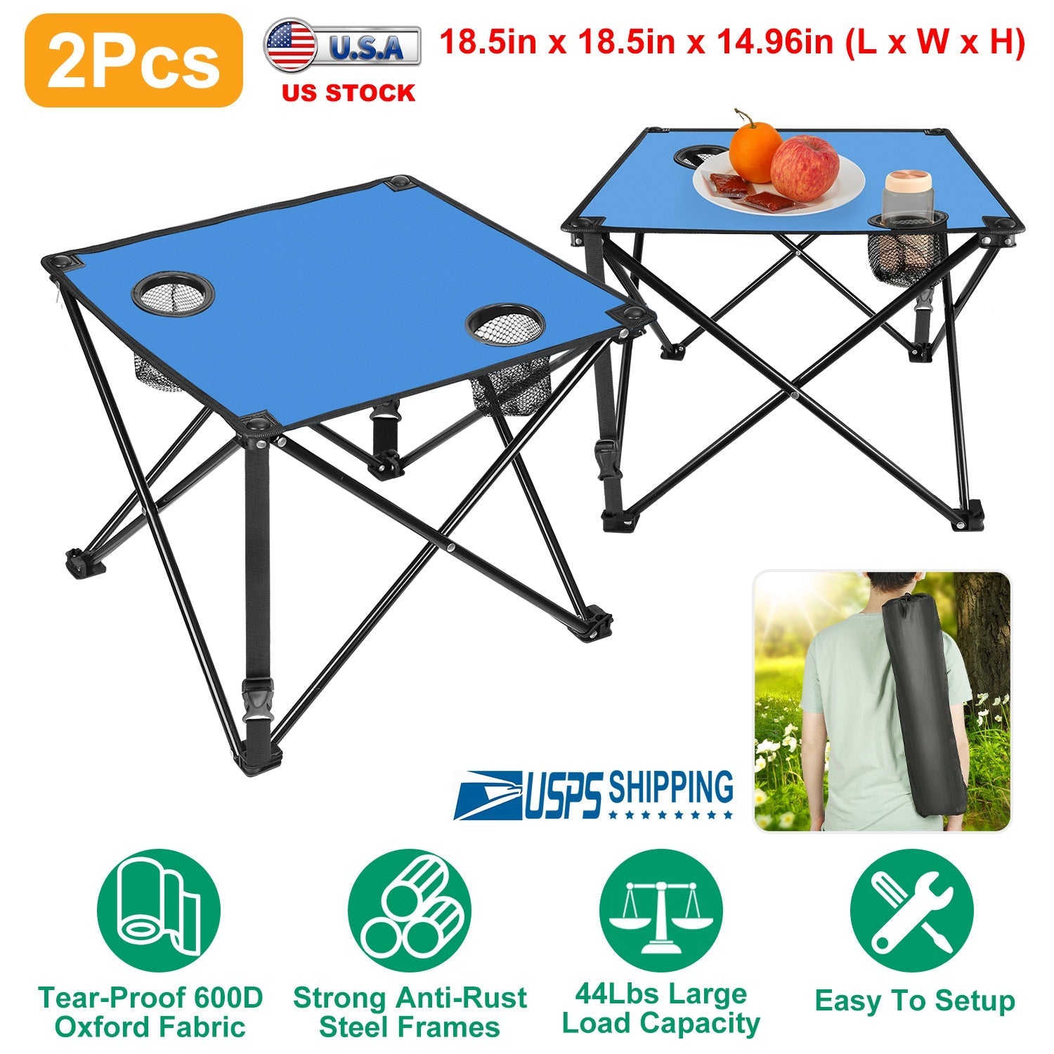 GemGear 2Pcs Foldable Camping Tables with blue tops, cup holders and carrying bag on Tampa Home & Garden Store