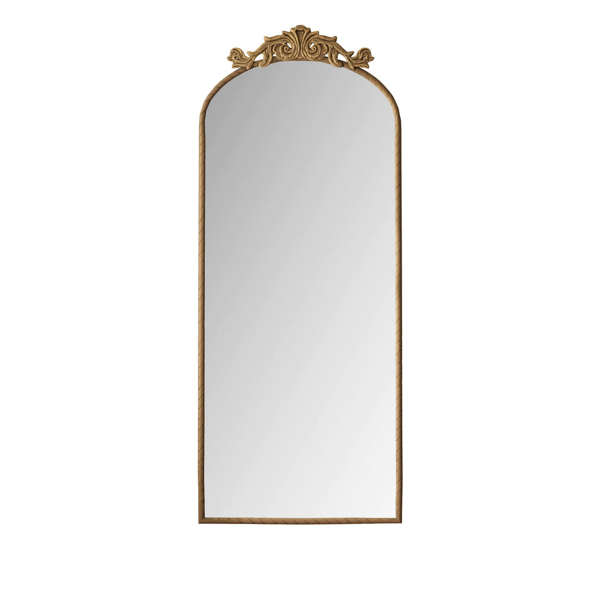 Arched full-length wall mirror with bronze carved applique crest and braided edge frame on Tampa Home & Garden Store