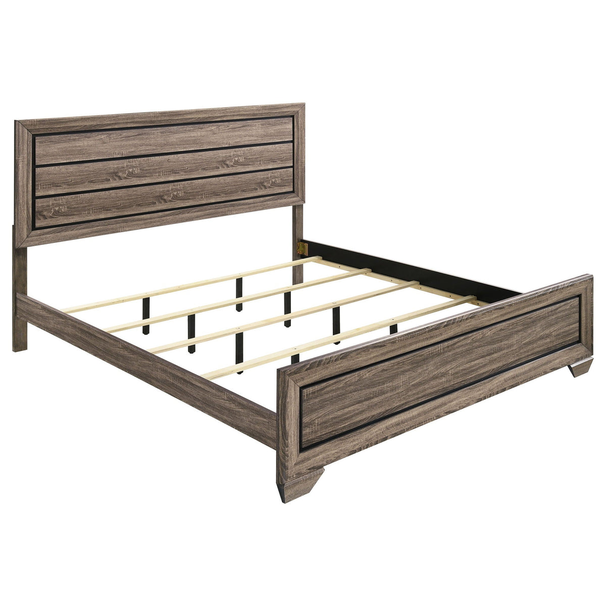 Oatfield Panel Bed in weathered brown wood with a three-panel headboard and slatted frame on Tampa Home & Garden Store