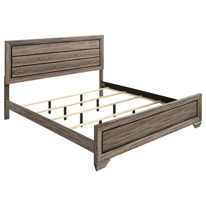 Oatfield Panel Bed in weathered brown wood with a three-panel headboard and slatted frame on Tampa Home & Garden Store