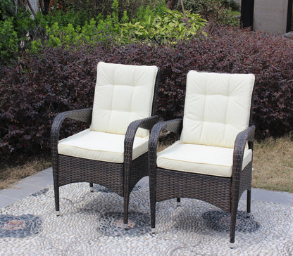 2-piece Liberatore outdoor dining chairs with beige cushions in dark brown wicker on Tampa Home & Garden Store