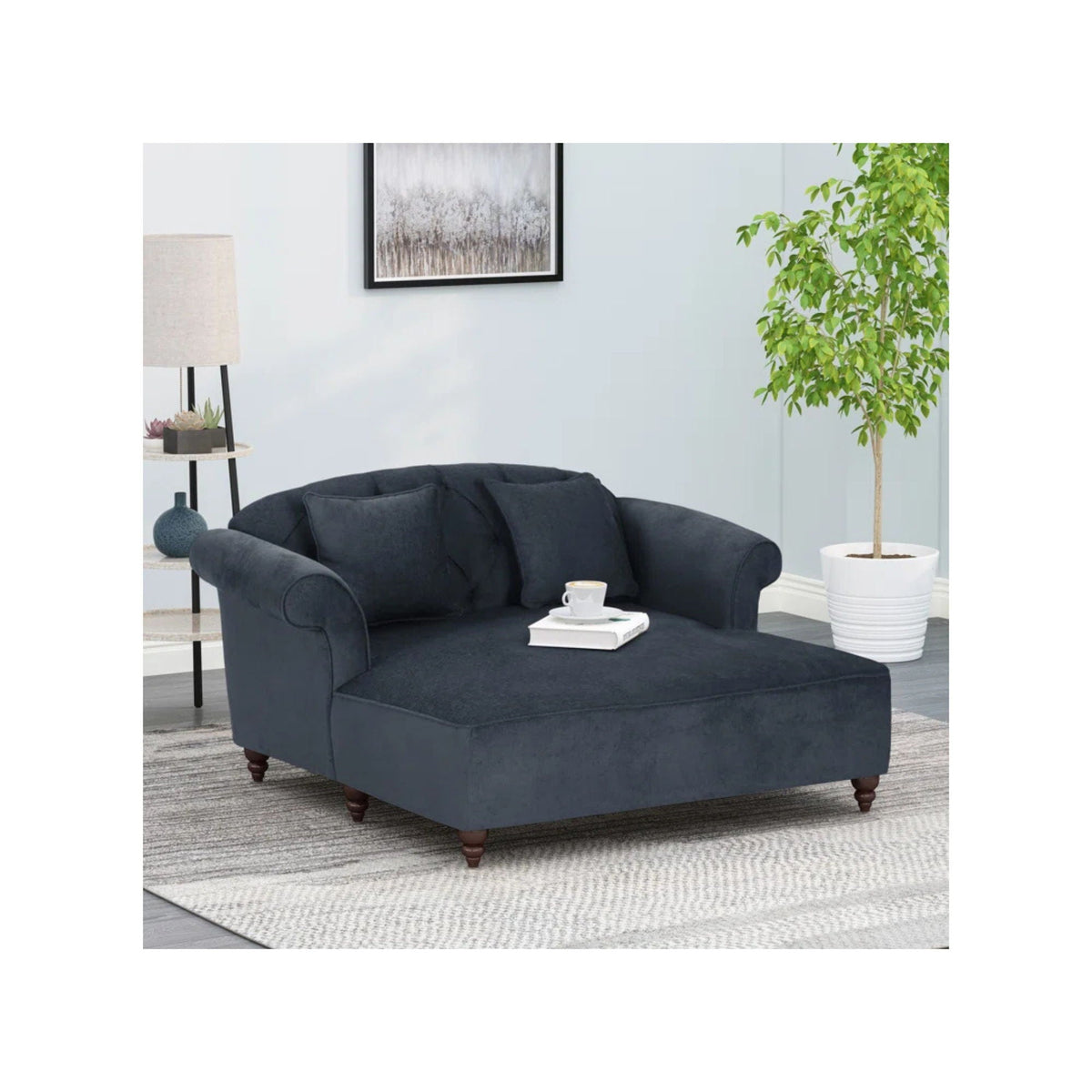 Elegant upholstered chaise with dark gray fabric and two gray pillows by HouseOfZazla on Tampa Home & Garden Store