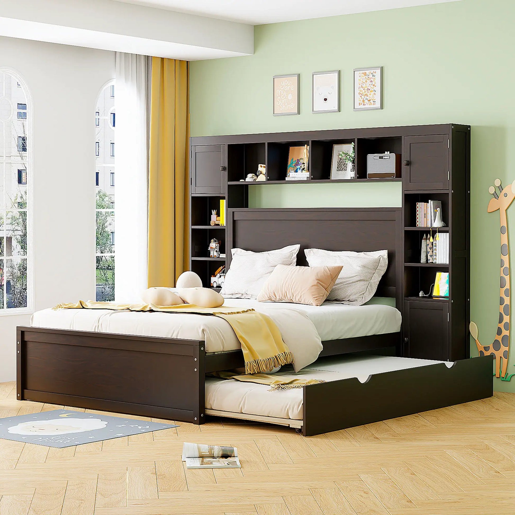 Dark wood cabinet bed with built-in shelf and storage, twin long trundle in a green bedroom on Tampa Home & Garden Store