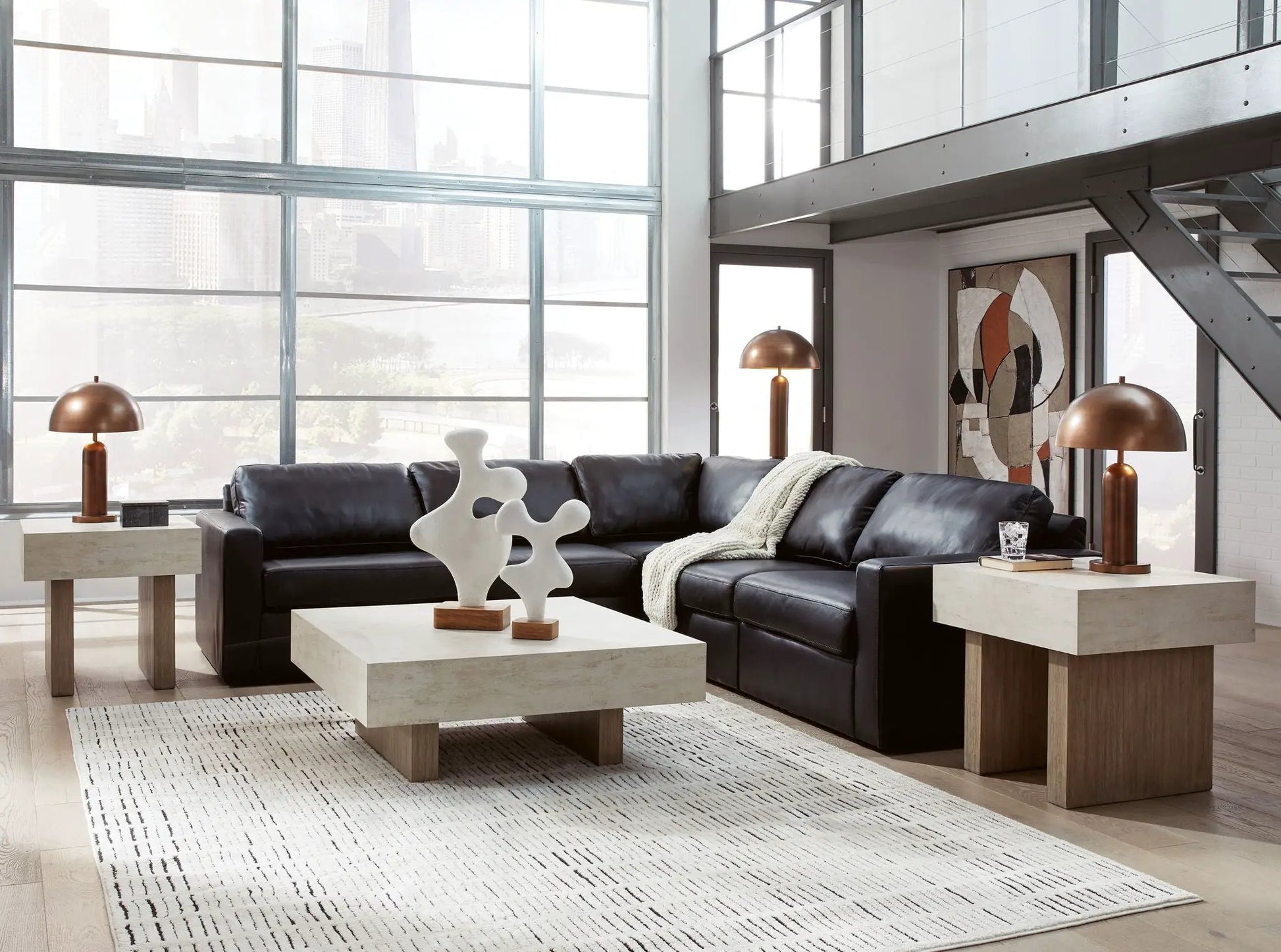 ModMax II Sectional stationary black leather sofa with copper lamps by Unique Piece Furniture on Tampa Home & Garden Store