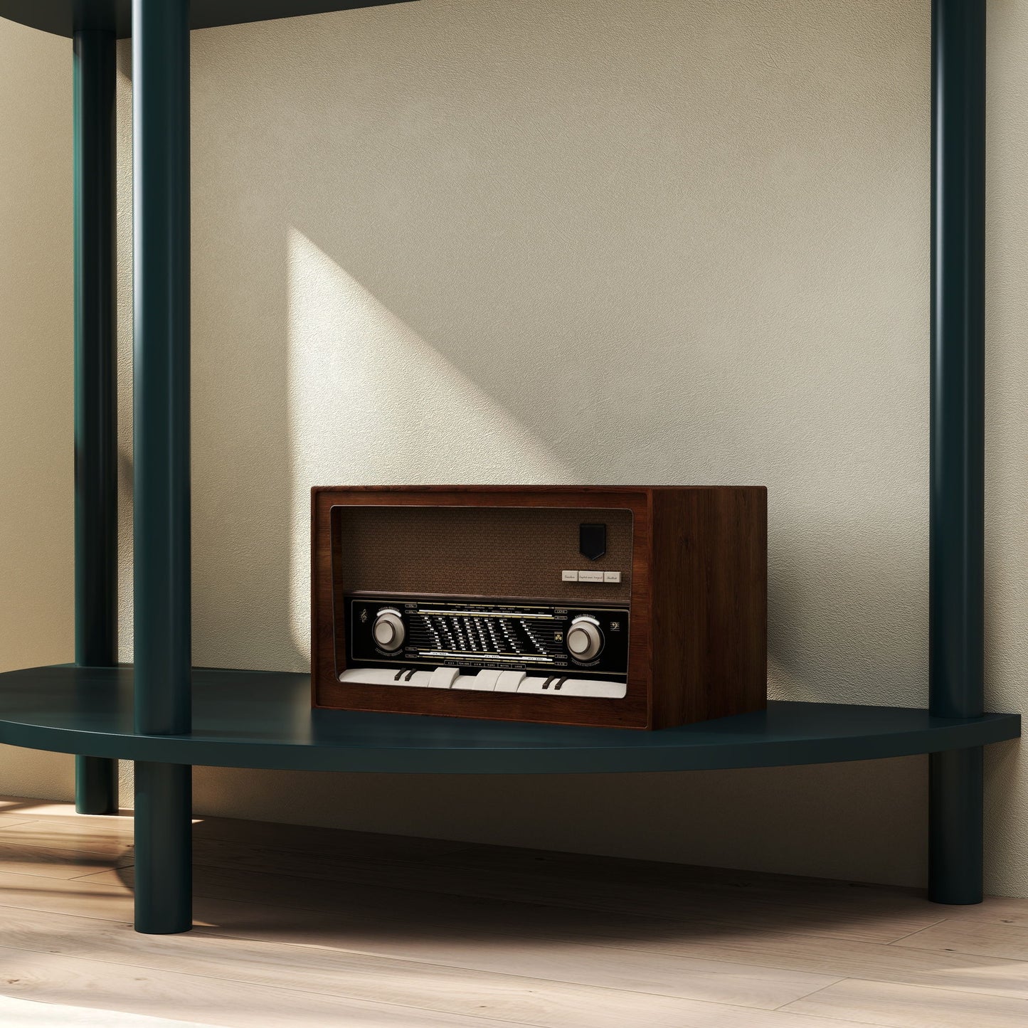 End table with built-in vintage radio cabinet in dark wood, featuring bottom shelf on Tampa Home & Garden Store