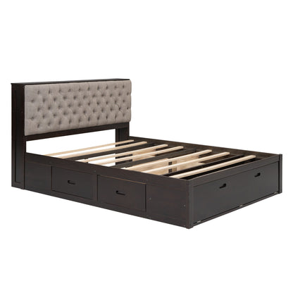 Platform storage bed with tufted beige headboard and four drawers in dark espresso wood on Tampa Home & Garden Store