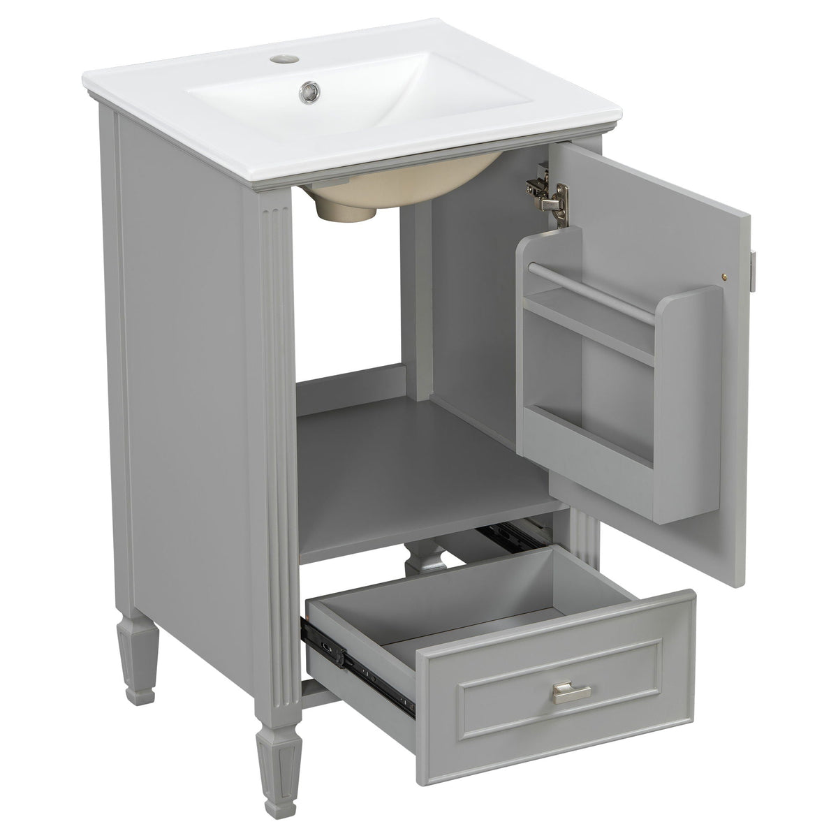 Retro bathroom vanity with sink, gray-green cabinet, white basin, soft-close doors on Tampa Home & Garden Store