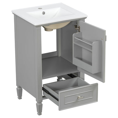 Retro bathroom vanity with sink, gray-green cabinet, white basin, soft-close doors on Tampa Home & Garden Store