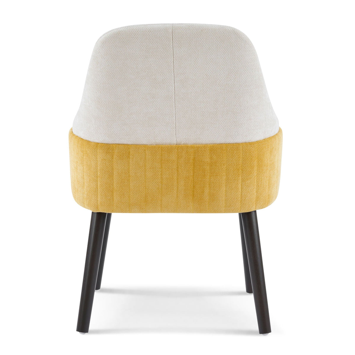 Indoor dining chair beige fabric upholstery with mustard yellow trim and black metal legs on Tampa Home & Garden Store
