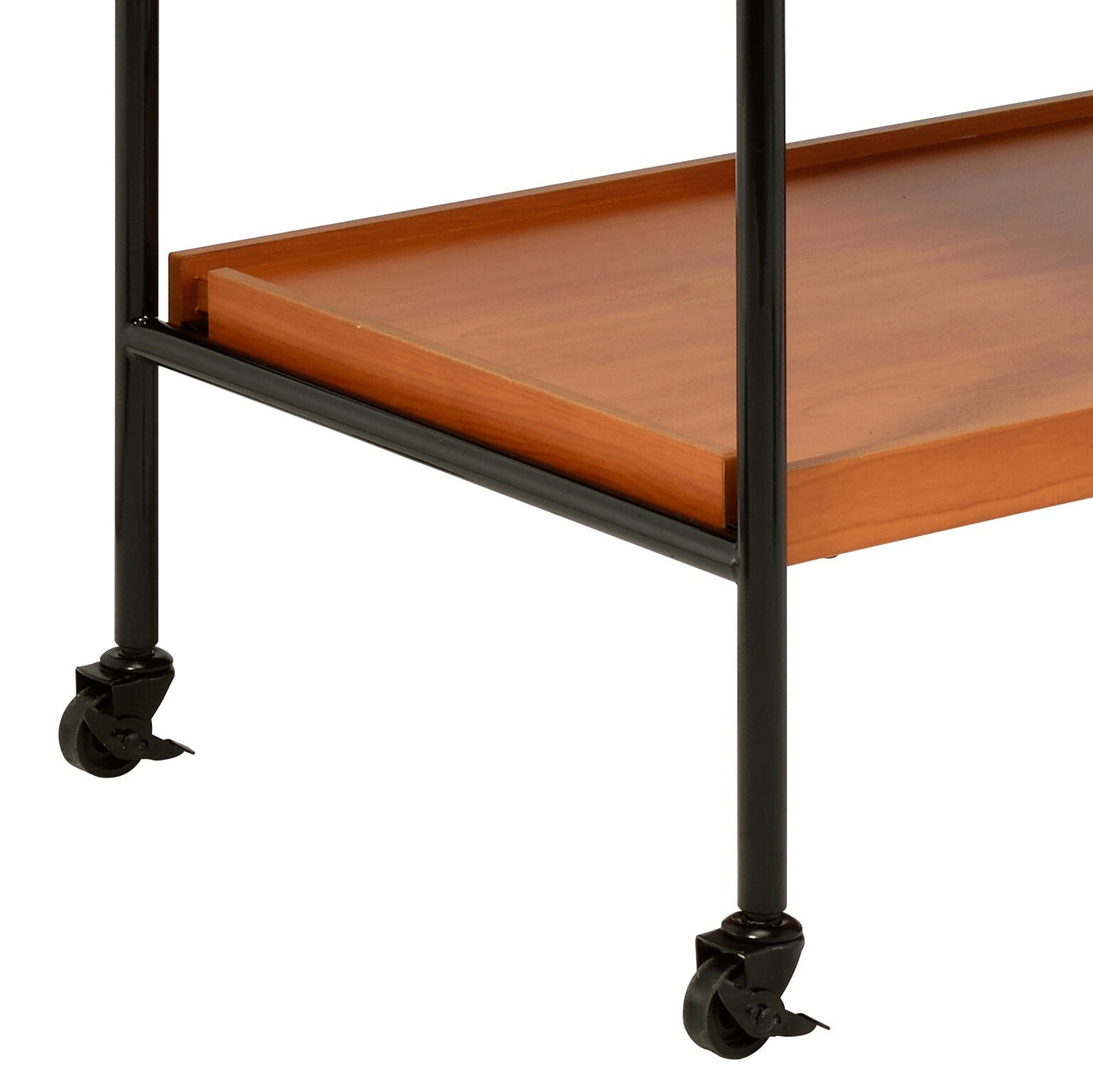 Oaken Honey Oak and Black Finish Serving Cart with wooden shelf and wheels on black metal frame on Tampa Home & Garden Store