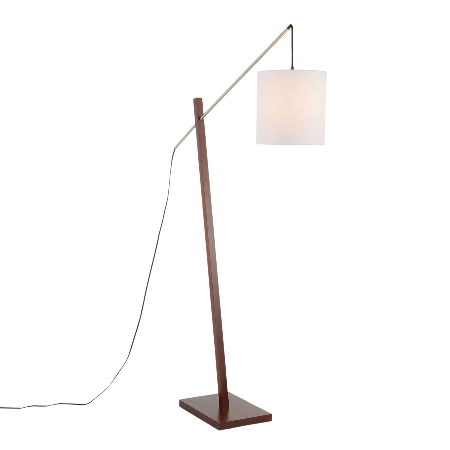 Arturo contemporary floor lamp with dark wood base, silver diagonal arm, white shade on Tampa Home & Garden Store