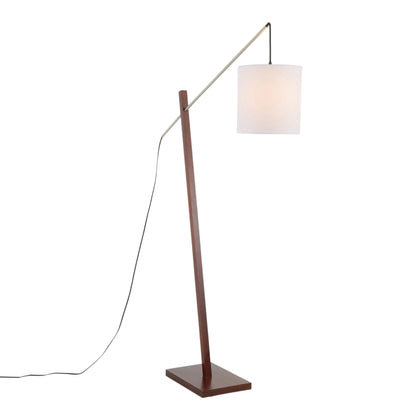 Arturo contemporary floor lamp with dark wood base, silver diagonal arm, white shade on Tampa Home & Garden Store