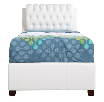 Tufted Upholstered Bed white faux leather headboard with diamond tufting dark wood legs on Tampa Home & Garden Store