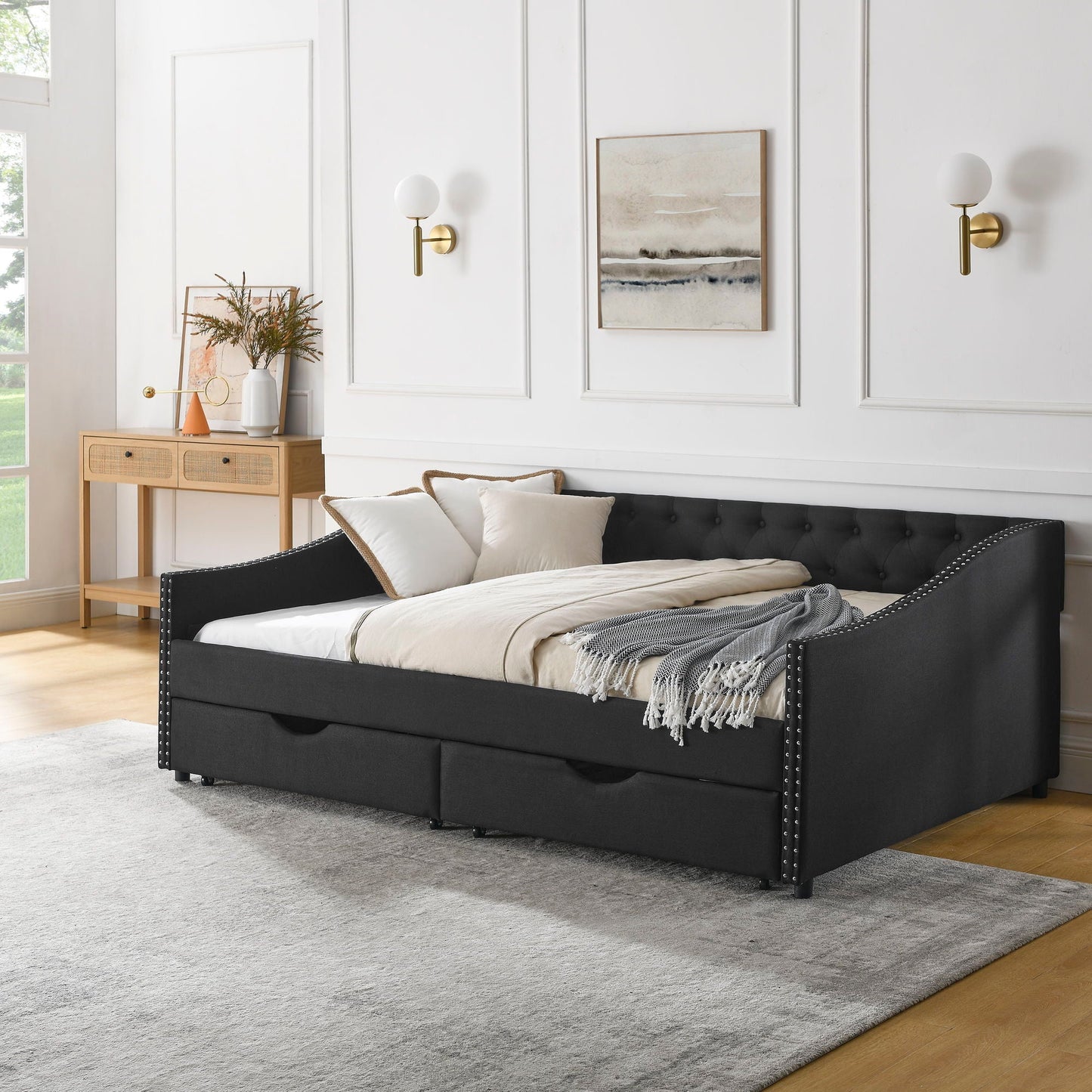 Upholstered Tufted Daybed with Storage Drawers