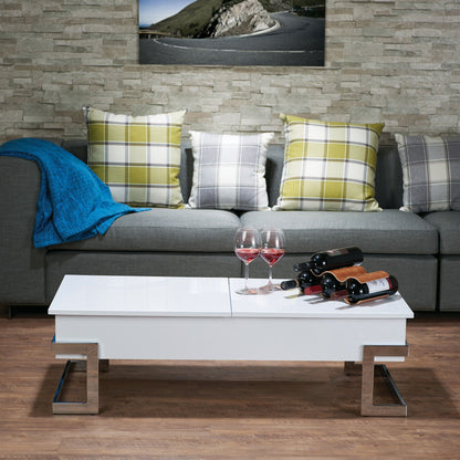 White high-gloss lift-top coffee table with hidden storage in a modern living room on Tampa Home & Garden Store