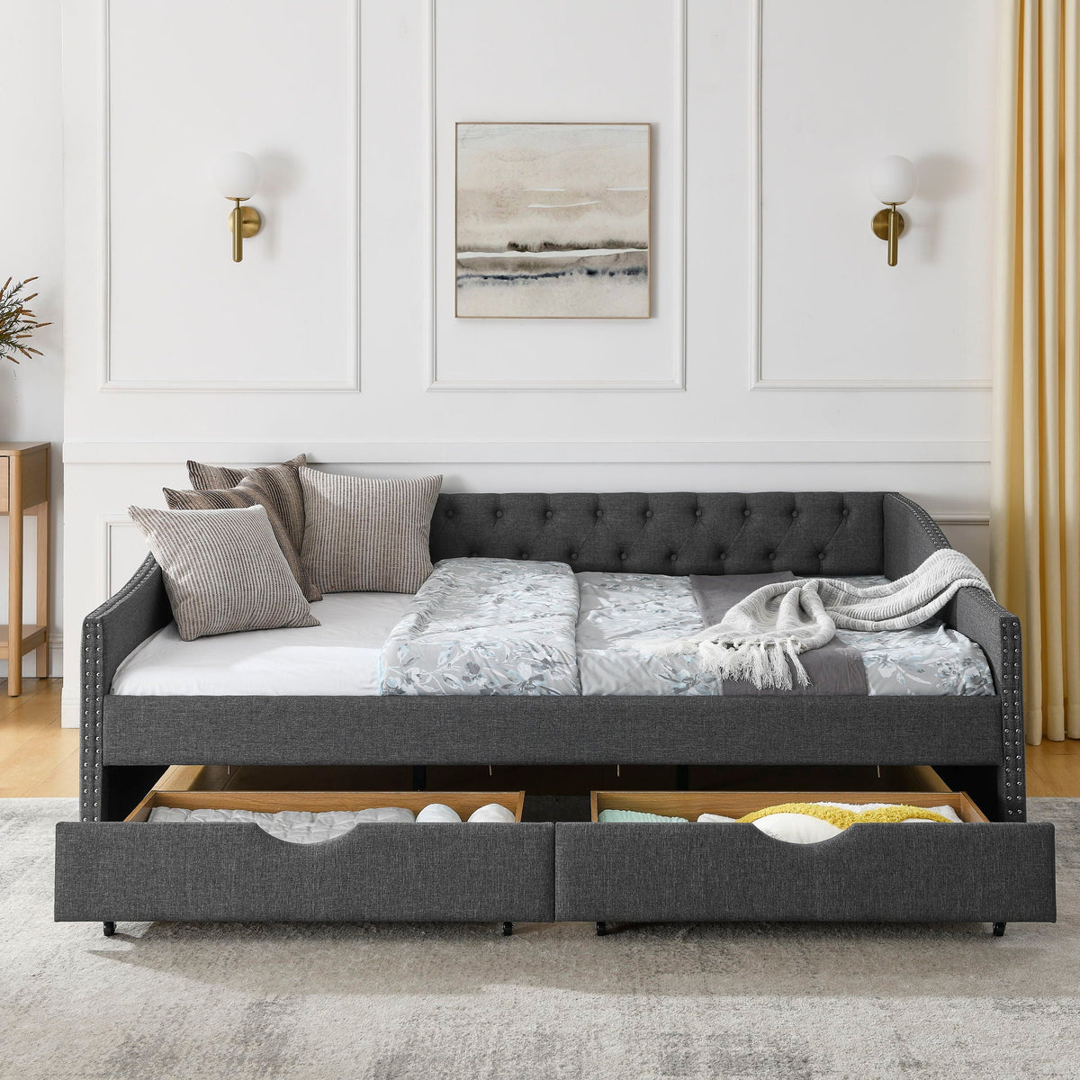 Upholstered Tufted Daybed with Storage Drawers