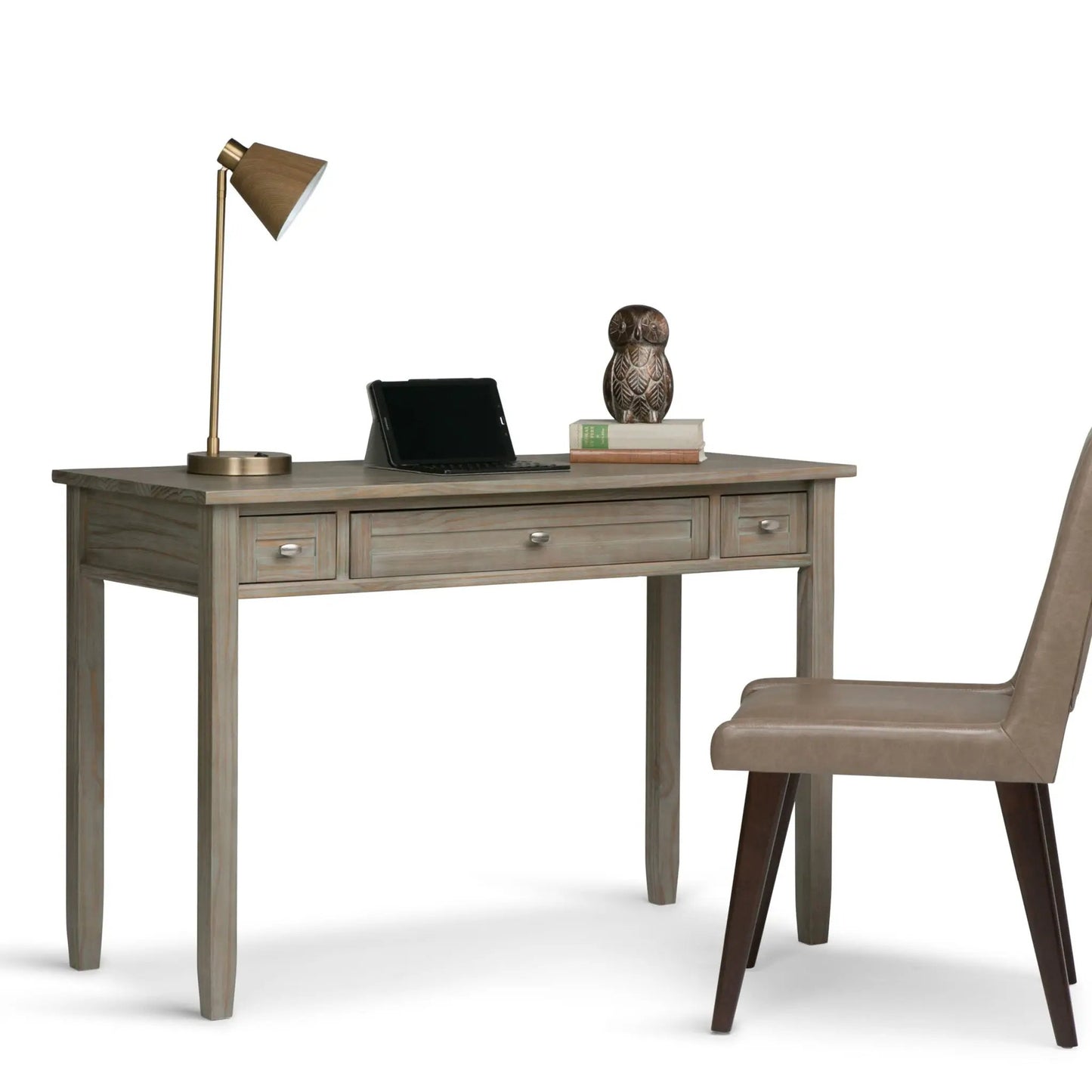 Warm Shaker Handcrafted Desk with weathered wood, brass lamp, laptop, books, and owl decor on Tampa Home & Garden Store