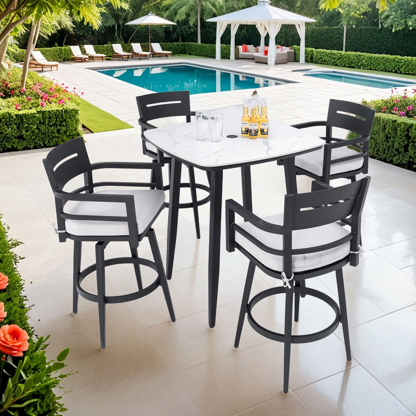 Modern Patio Bar Set 5-piece with black chairs and marble-top table Sunbrella cushions on Tampa Home & Garden Store