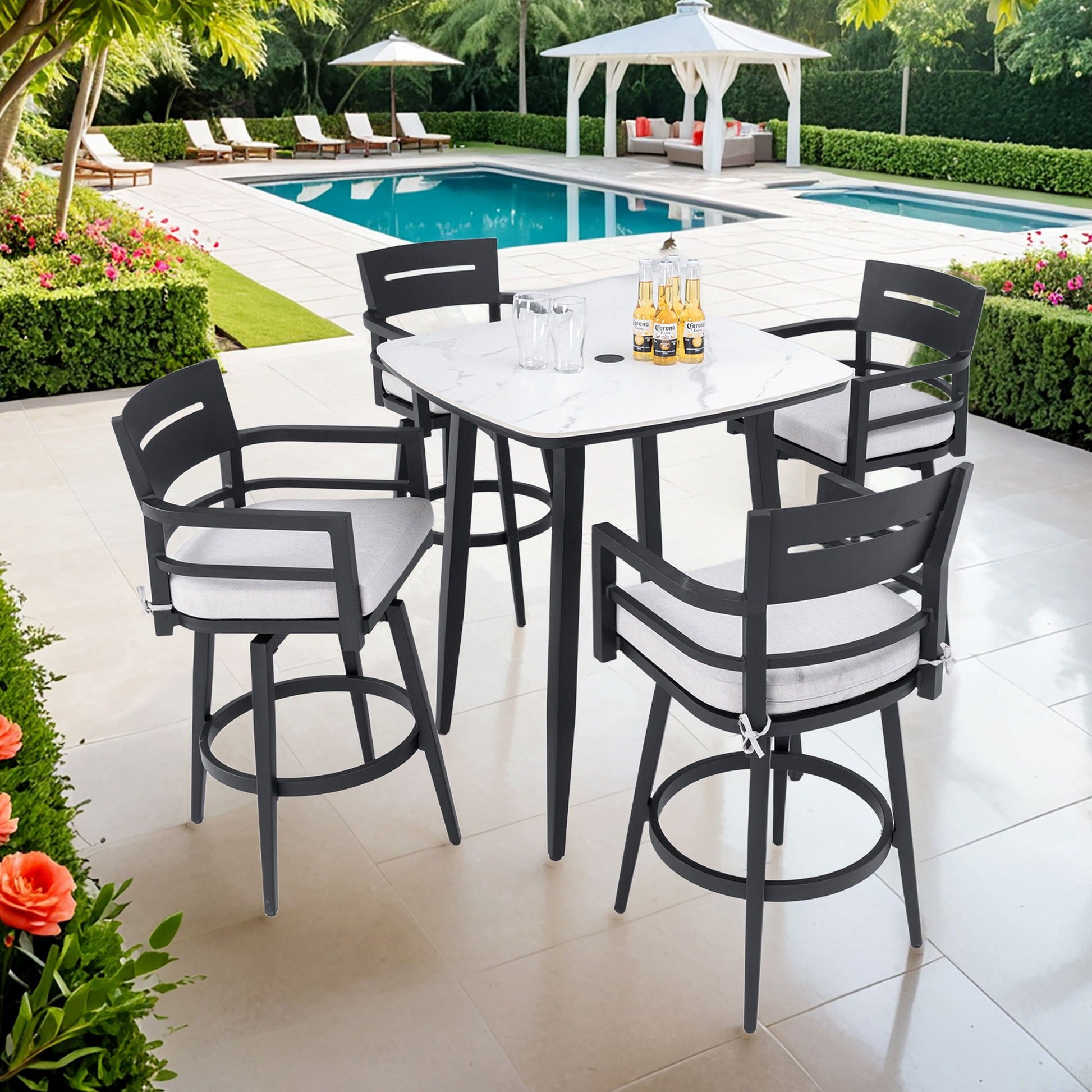 Modern Patio Bar Set 5-piece with black chairs and marble-top table Sunbrella cushions on Tampa Home & Garden Store
