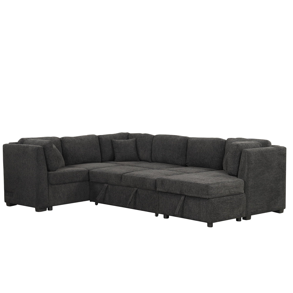 U-shaped sleeper sectional in charcoal gray fabric with three back pillows and storage chaise by HouseOfZazla on Tampa Home & Garden Store