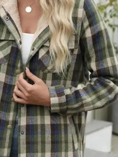 Plaid Snap Down Plush Hooded Jacket Women Warm