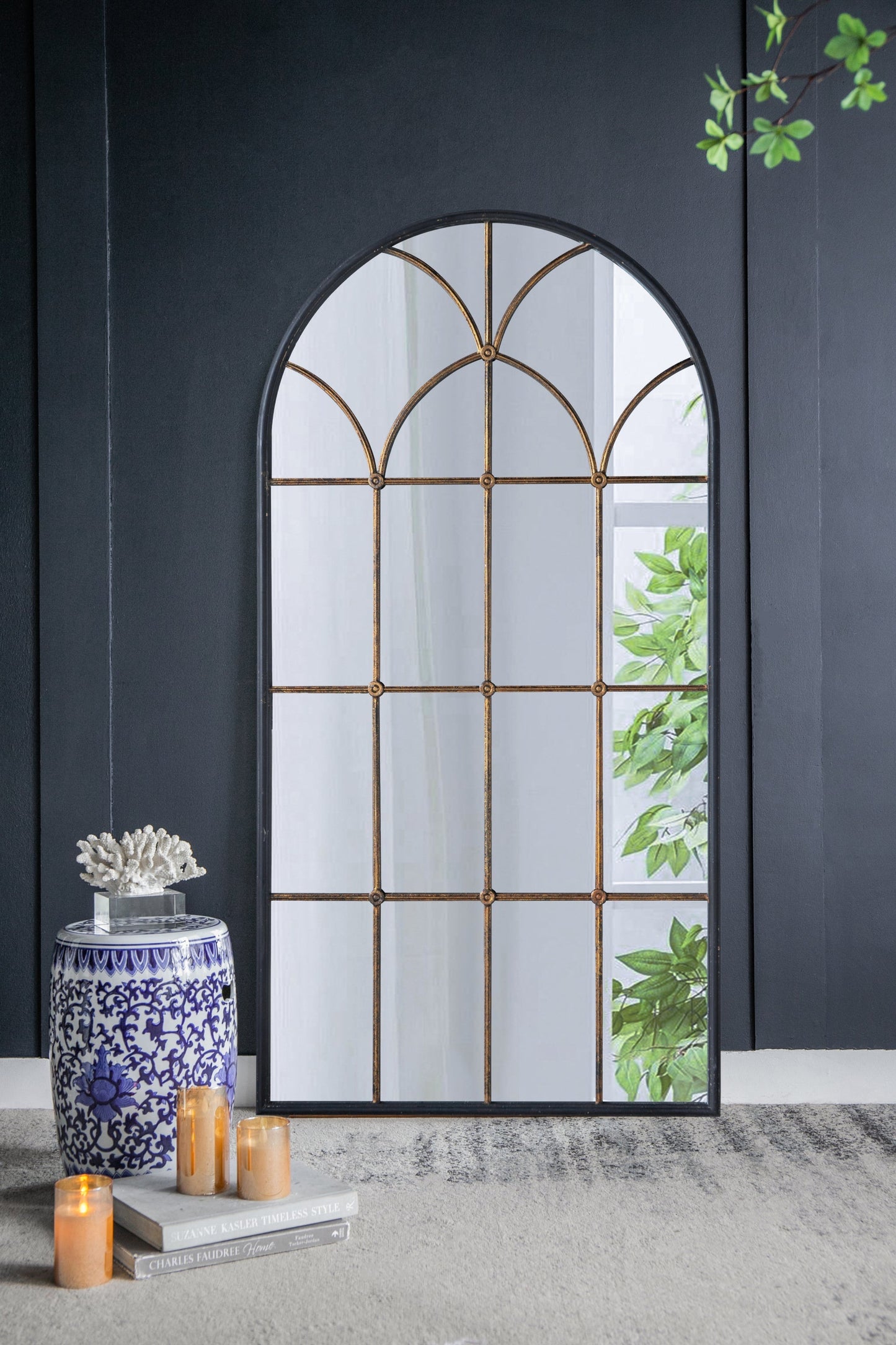 Arched full-length mirror 34x65.5' with black and gold windowpane frame HouseOfZazla on Tampa Home & Garden Store