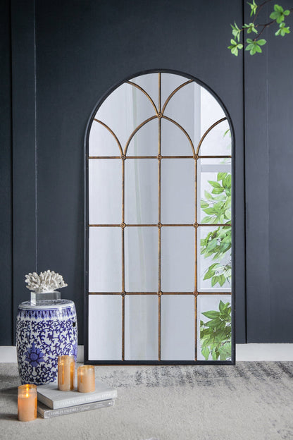 Arched full-length mirror 34x65.5' with black and gold windowpane frame HouseOfZazla on Tampa Home & Garden Store