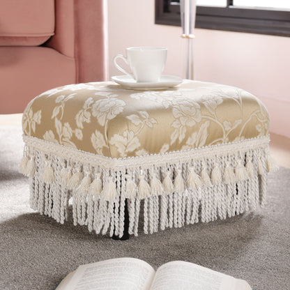 Handcrafted accent footstool ottoman with beige damask fabric and tassel fringe wood base on Tampa Home & Garden Store