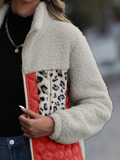 Stevvex Autumn Leopard Color Block Zip-Up Jacket with sherpa fleece and leopard print inset on Tampa Home & Garden Store