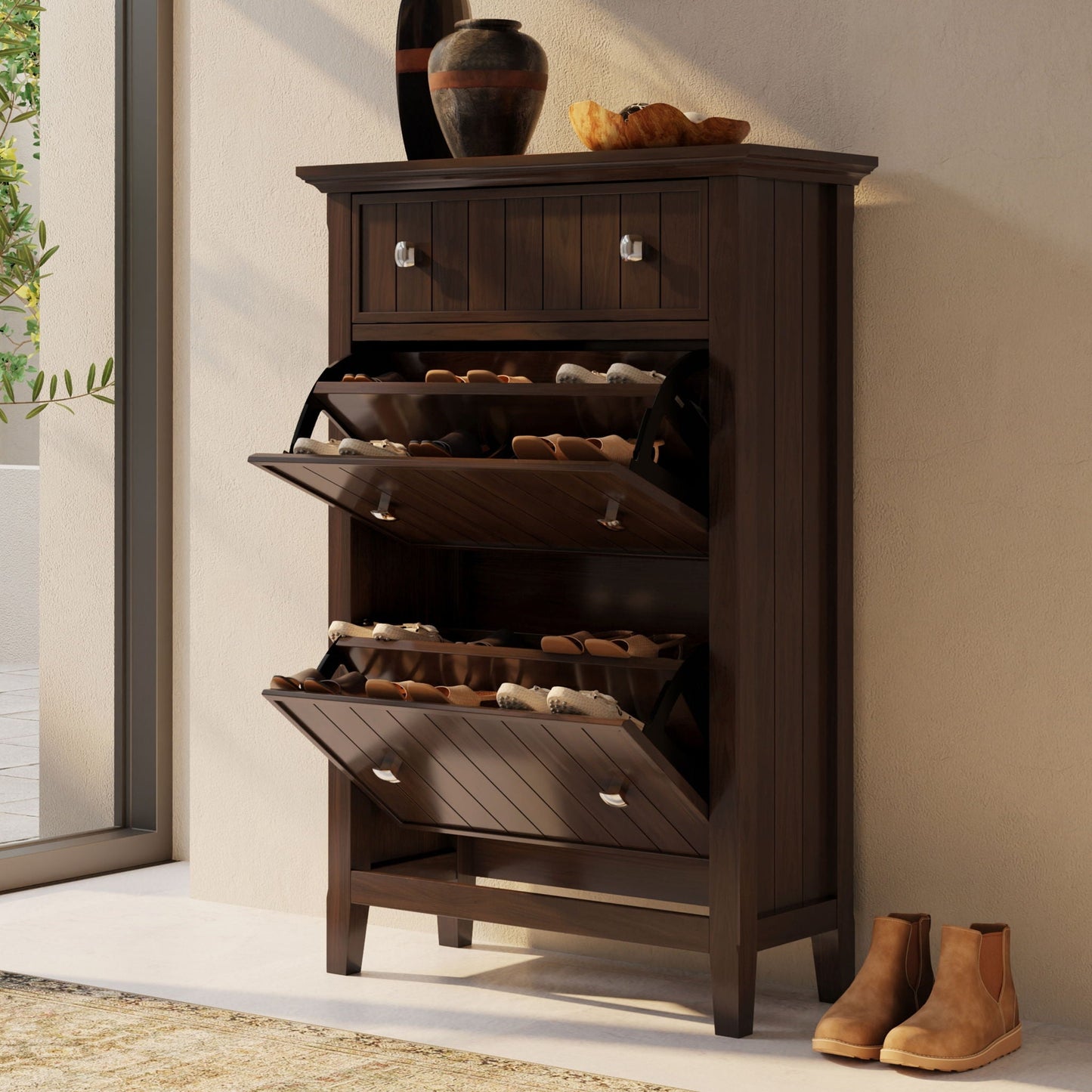 Acadian brown wood entryway shoe cabinet with two top drawers and pulldown shoe shelves on Tampa Home & Garden Store
