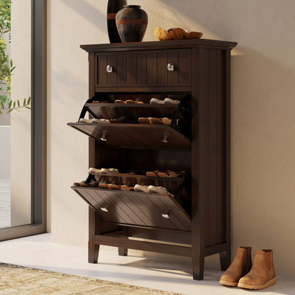 Acadian brown wood entryway shoe cabinet with two top drawers and pulldown shoe shelves on Tampa Home & Garden Store