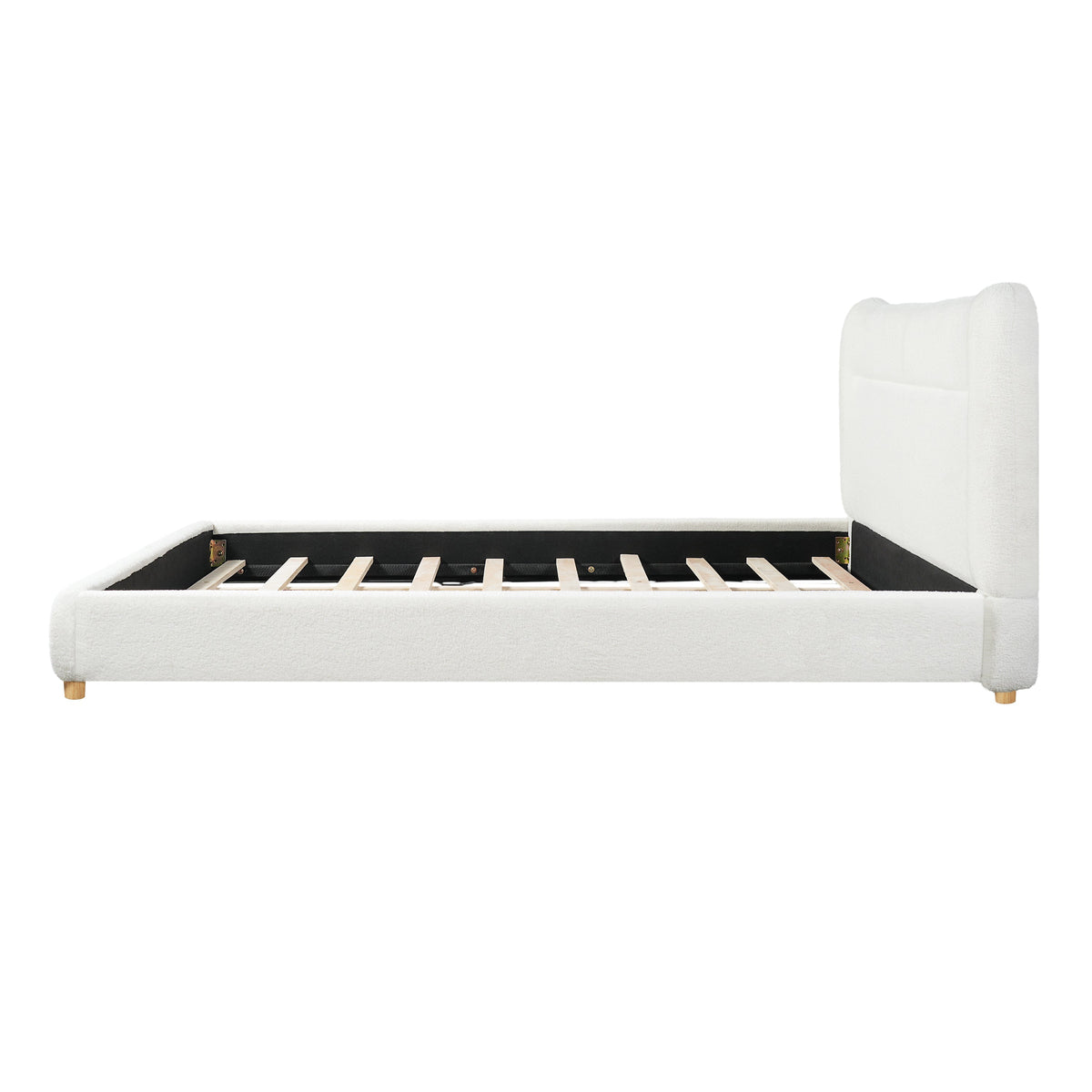 Minimalist curved headboard teddy bear plush king bed frame with white upholstery and slatted base on Tampa Home & Garden Store