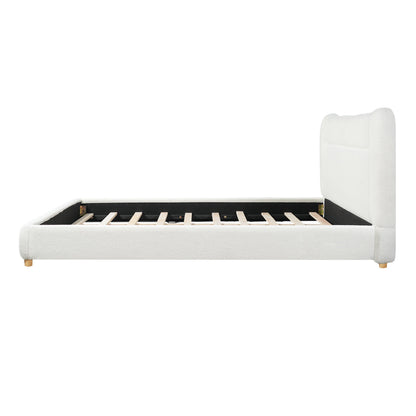 Minimalist curved headboard teddy bear plush king bed frame with white upholstery and slatted base on Tampa Home & Garden Store