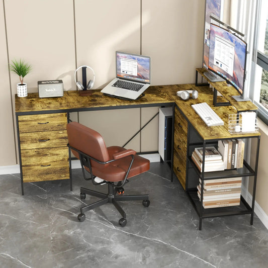 Industrial L-shaped corner desk in brown wood with 6 drawers, power hub, and monitor stands on Tampa Home & Garden Store