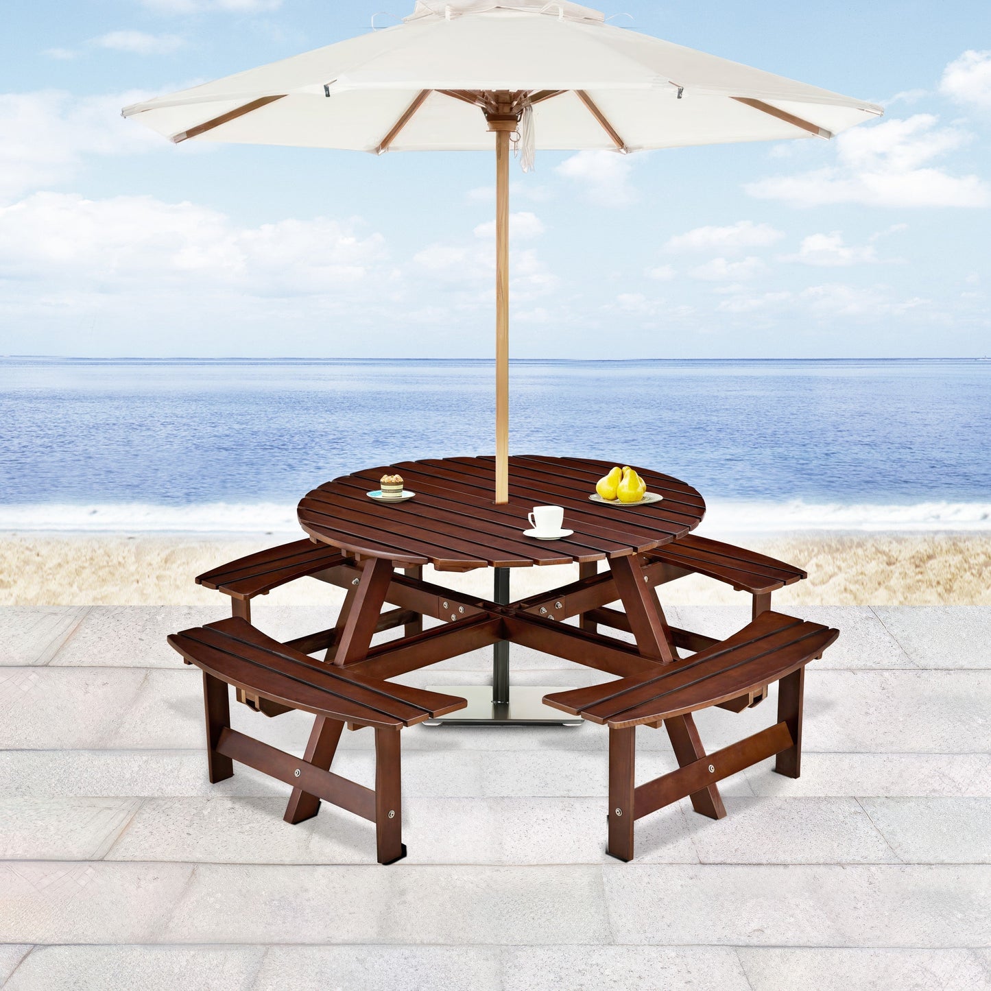 Outdoor 8 Person Round Picnic Table with Built-In Benches in brown wood under umbrella on Tampa Home & Garden Store