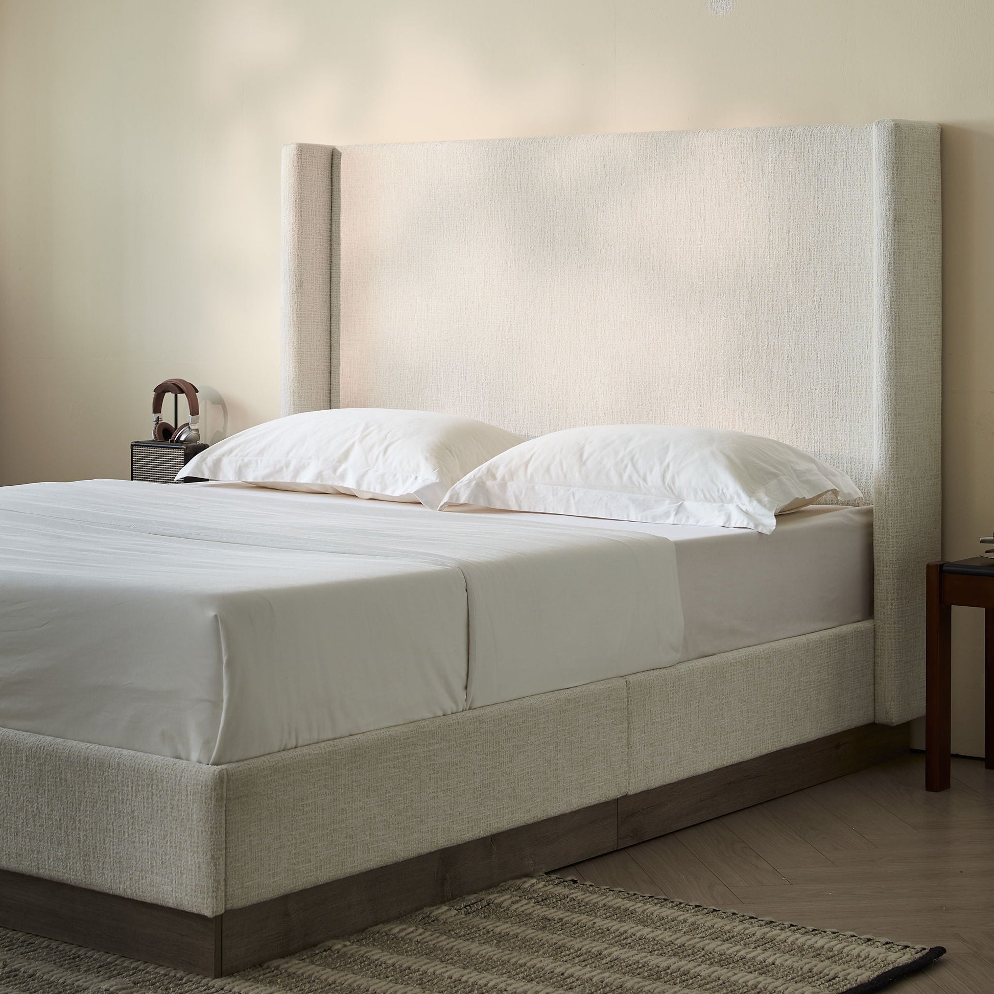 Upholstered wingback bed with beige fabric and wood base platform by HouseOfZazla on Tampa Home & Garden Store