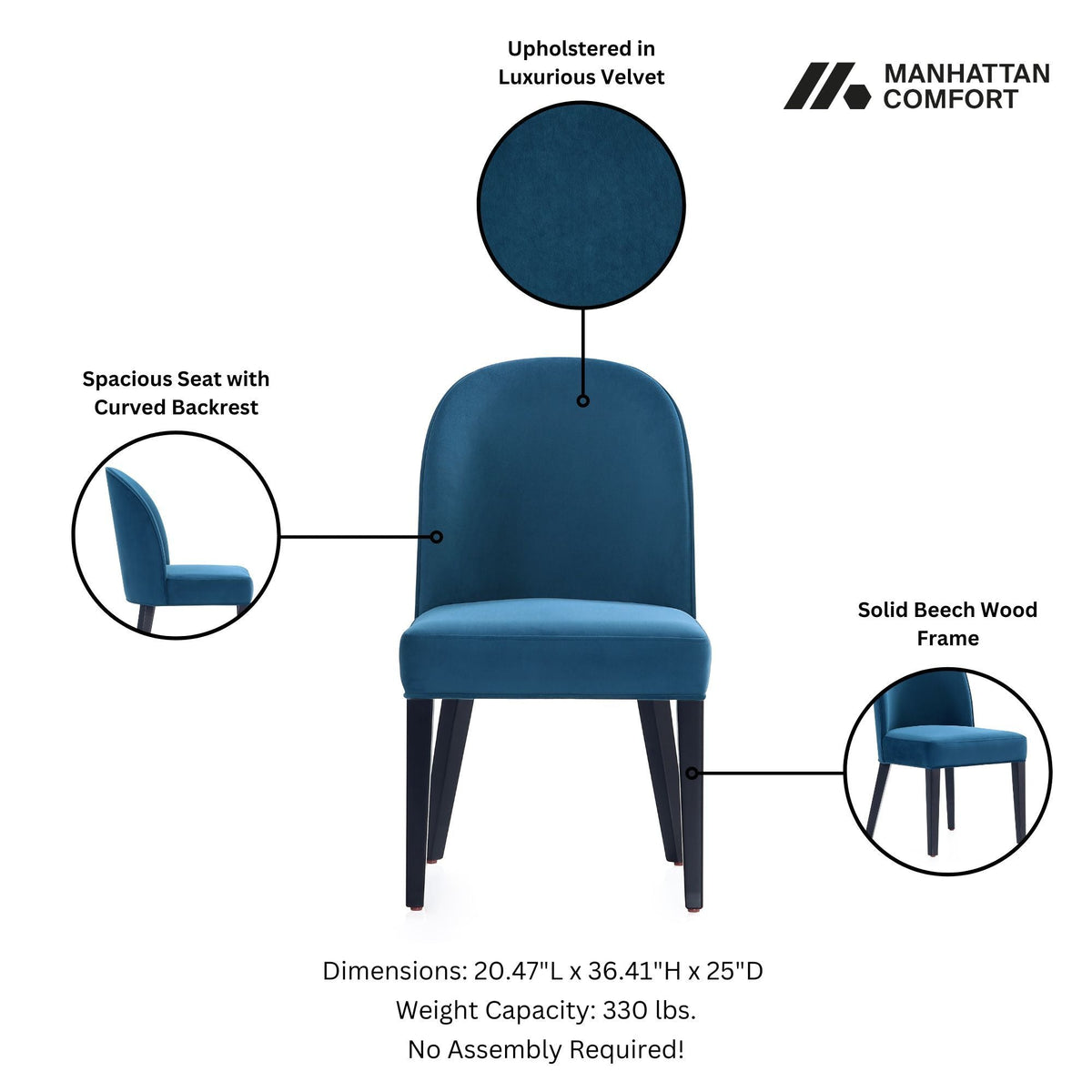 Dining chair set of 2 in blue velvet upholstery with beech wood frame on Tampa Home & Garden Store